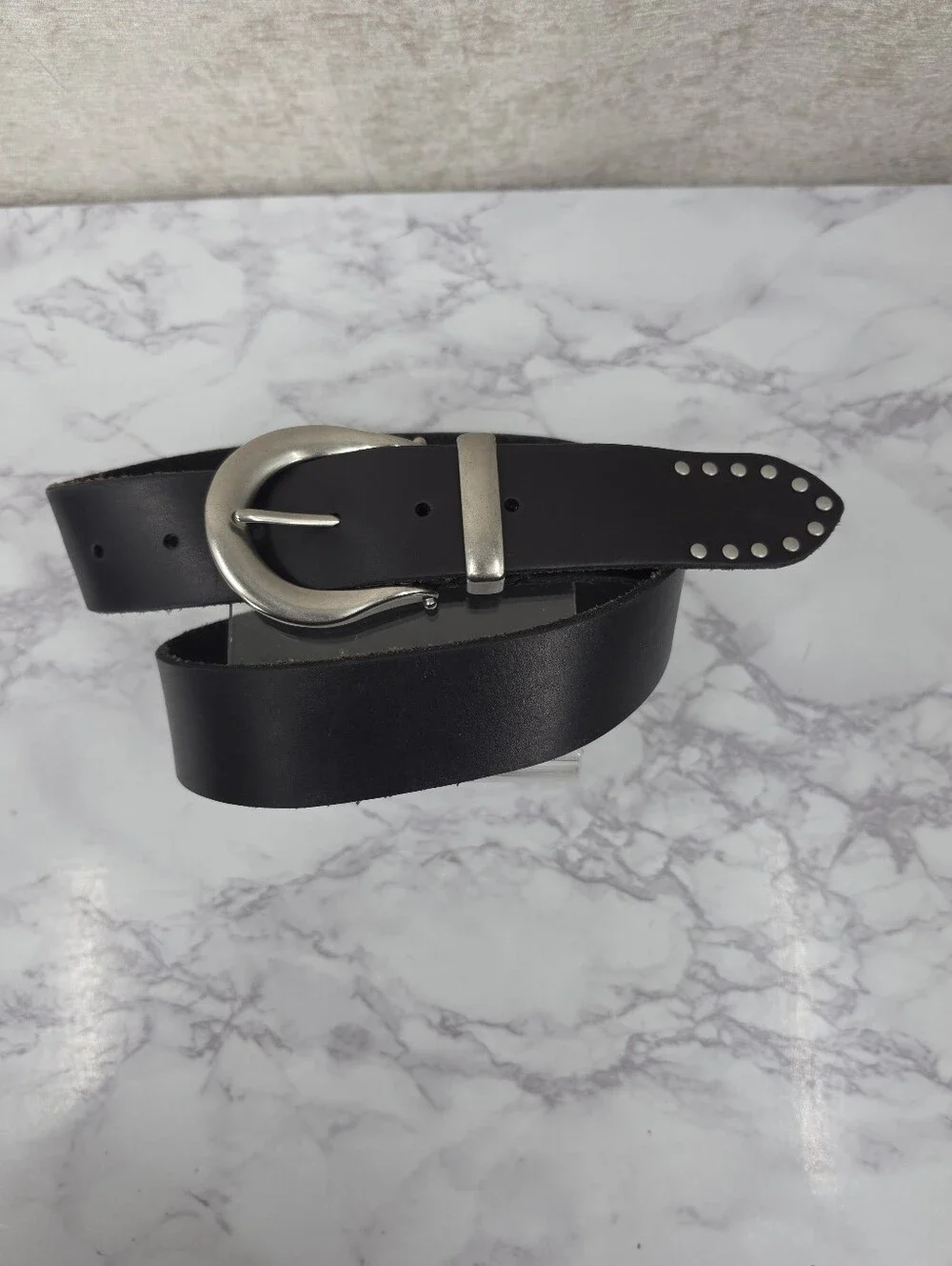 All Saints Black Leather Belt with Silver Tone Buckle and Studs
